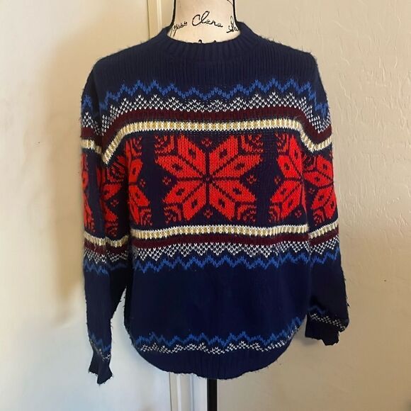Vintage Sweaters - Vintage Blue Sedgewick Acrylic Fair Isle Pullover Sweater Casual Colorful